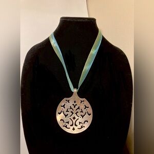 Spoon pendant on ribbon tie to any length. Silver tone antique spoon necklace.